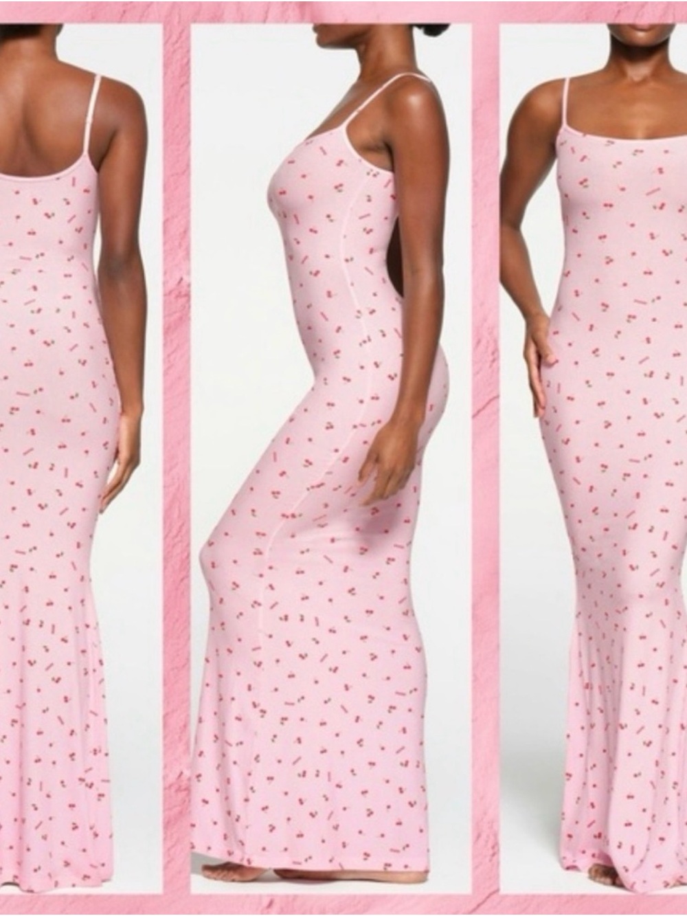 SKIMS Pink Cherry Print Soft Lounge Long Slip Dress NWOT